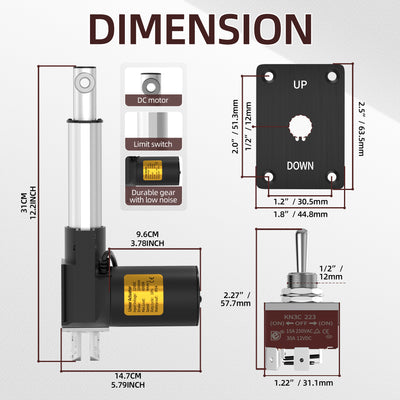 6000N/1320lb 100mm/4" Stroke 4mm/s 12V Linear Actuator with Switch Controller