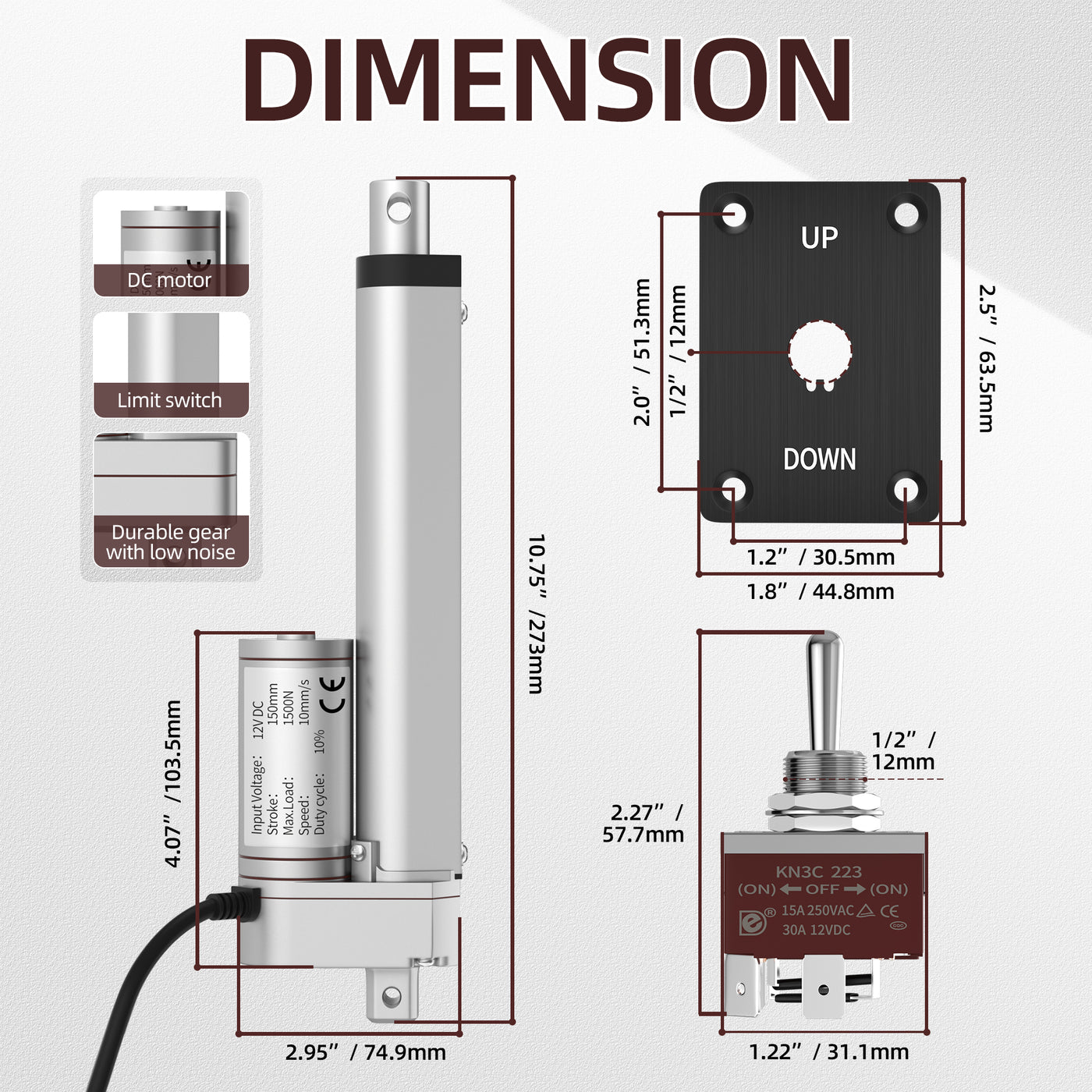 1000N/220lb 6"/150mm Stroke 14mm/s High Speed 12V Linear Actuator with Switch Controller