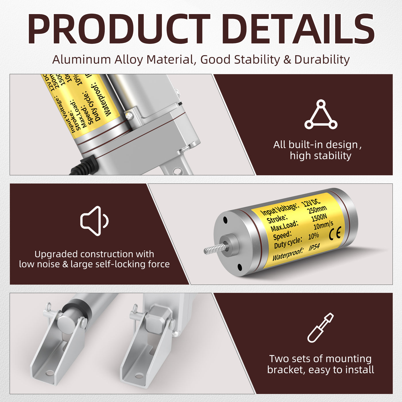 1500N/330lb 250mm/10" Stroke 10mm/s 12V Linear Actuator with Reverse Polarity Switch