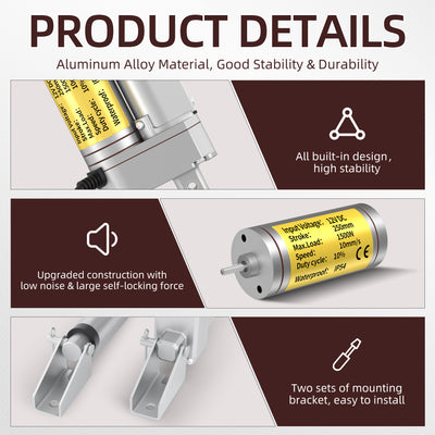 1500N/330lb 250mm/10" Stroke 10mm/s 12V Linear Actuator with Reverse Polarity Switch