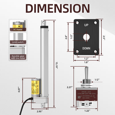 1500N/330lb 250mm/10" Stroke 10mm/s 12V Linear Actuator with Reverse Polarity Switch