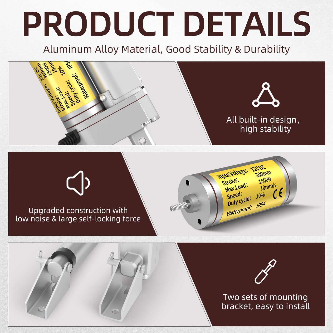 1500N/330lb 300mm/12" Stroke 10mm/s 12V Linear Actuator with Reverse Polarity Switch