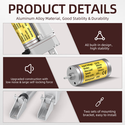 1500N/330lb 300mm/12" Stroke 10mm/s 12V Linear Actuator with Reverse Polarity Switch