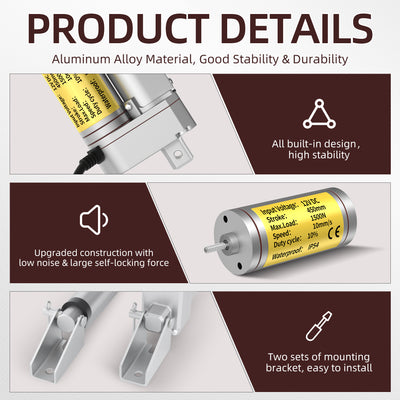 1500N/330lb 450mm/18" Stroke 10mm/s 12V Linear Actuator with Reverse Polarity Switch