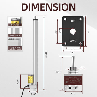 1500N/330lb 450mm/18" Stroke 10mm/s 12V Linear Actuator with Reverse Polarity Switch