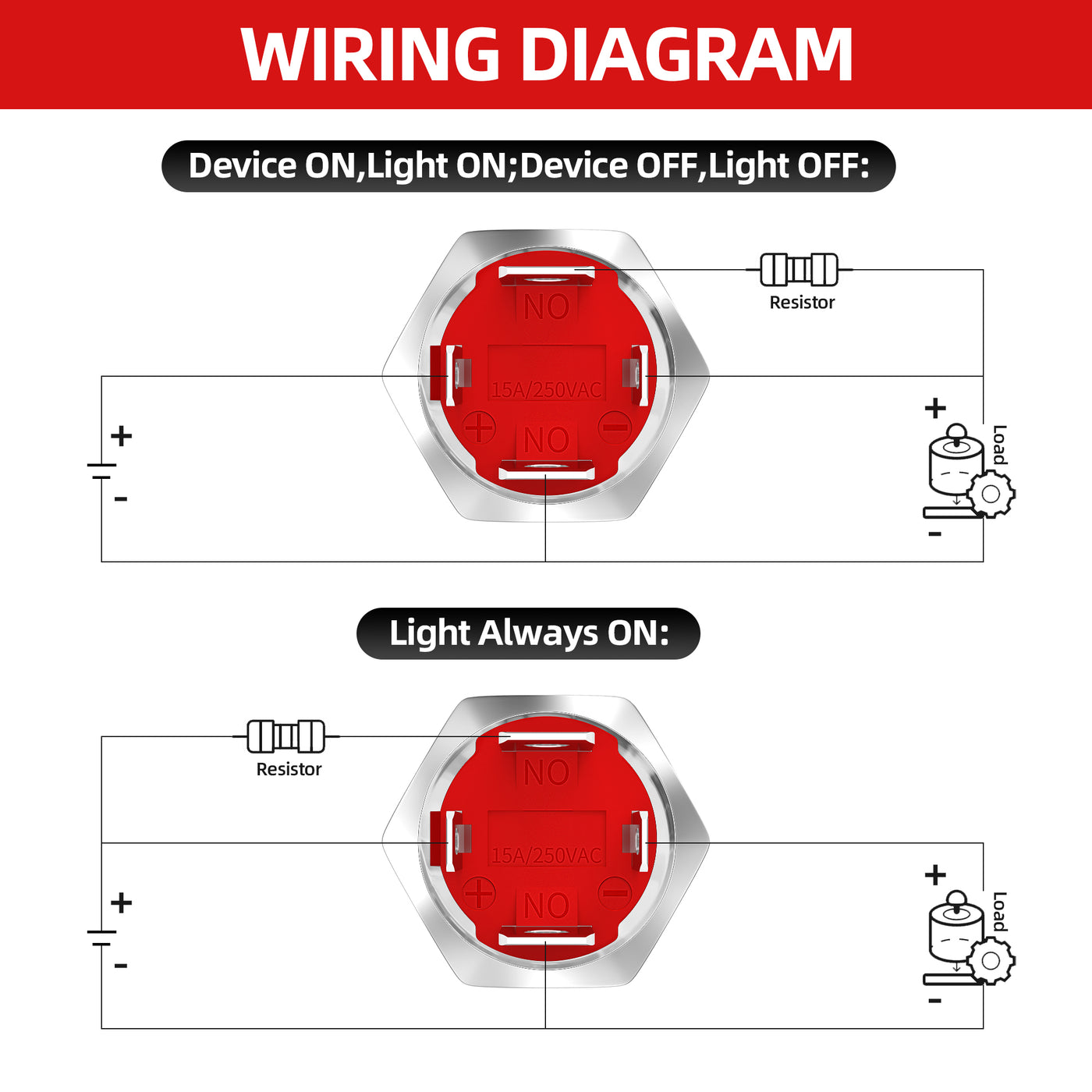 16mm 20A 12V High Head Latching Metal Push Button Switch w/ Ring LED