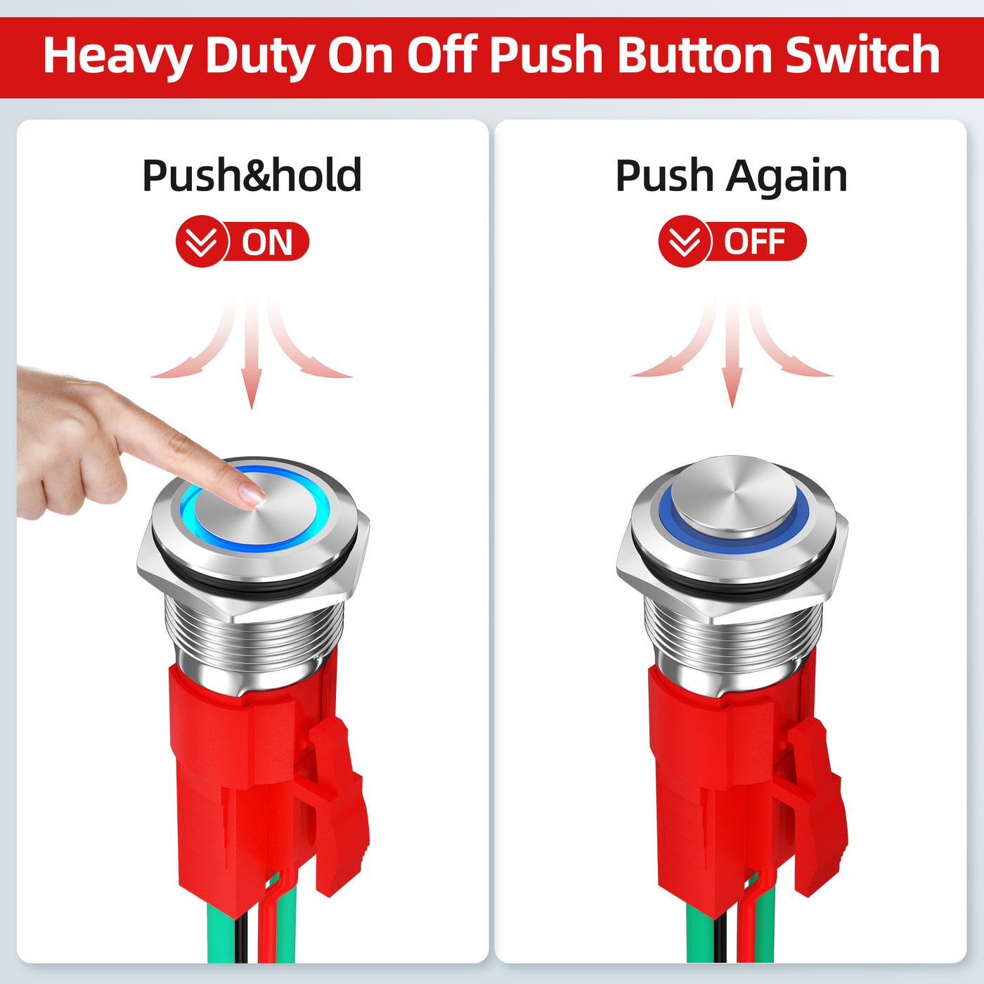 16mm 20A 12V High Head Latching Metal Push Button Switch w/ Ring LED