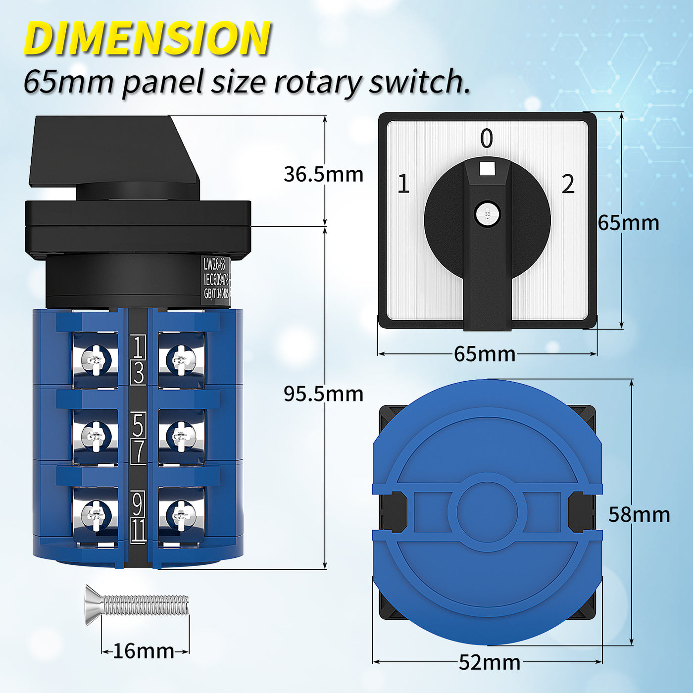 LW26-63-3 3 Position Changeover Selector Switch Dimension