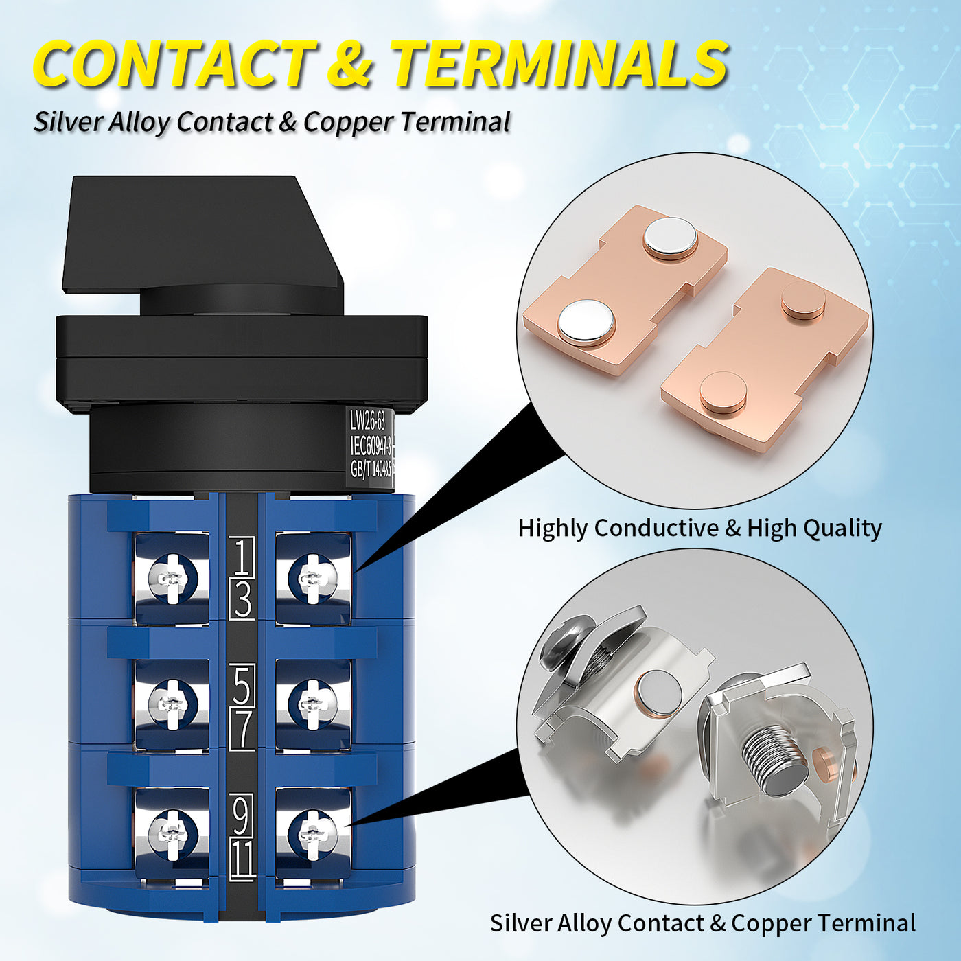 LW26-63-3 3 Position Changeover Selector Switch with Contact and Terminals