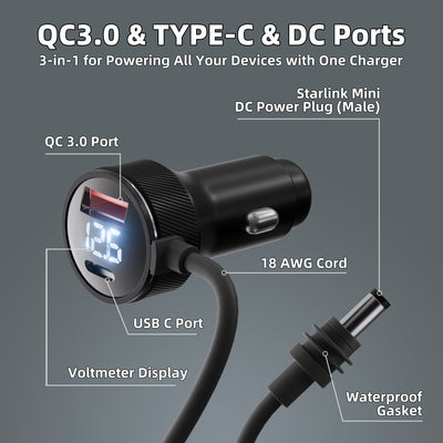 Starlink Mini Dual USB Car Charger with DC Cable & Voltmeter - 9.84FT/3M