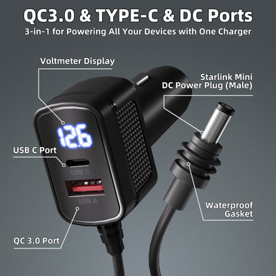 Starlink Mini USB-A/USB-C/DC Output Car Charger with Voltmeter - 9.84FT/3M