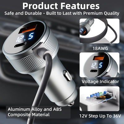 Starlink Mini Car Charger 12V/24V to 36V DC Step-Up Converter with 45W PD & QC 3.0 USB Ports