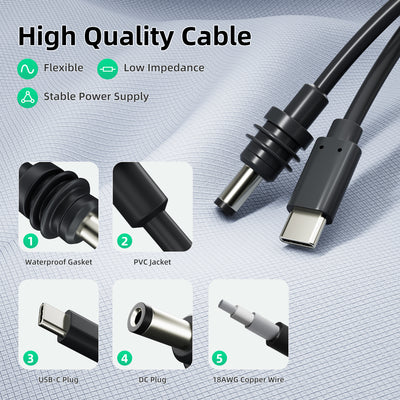 Starlink Mini USB-C to DC Power Cable for 65W+ to 100W PD Source - 6.5FT/16.4FT