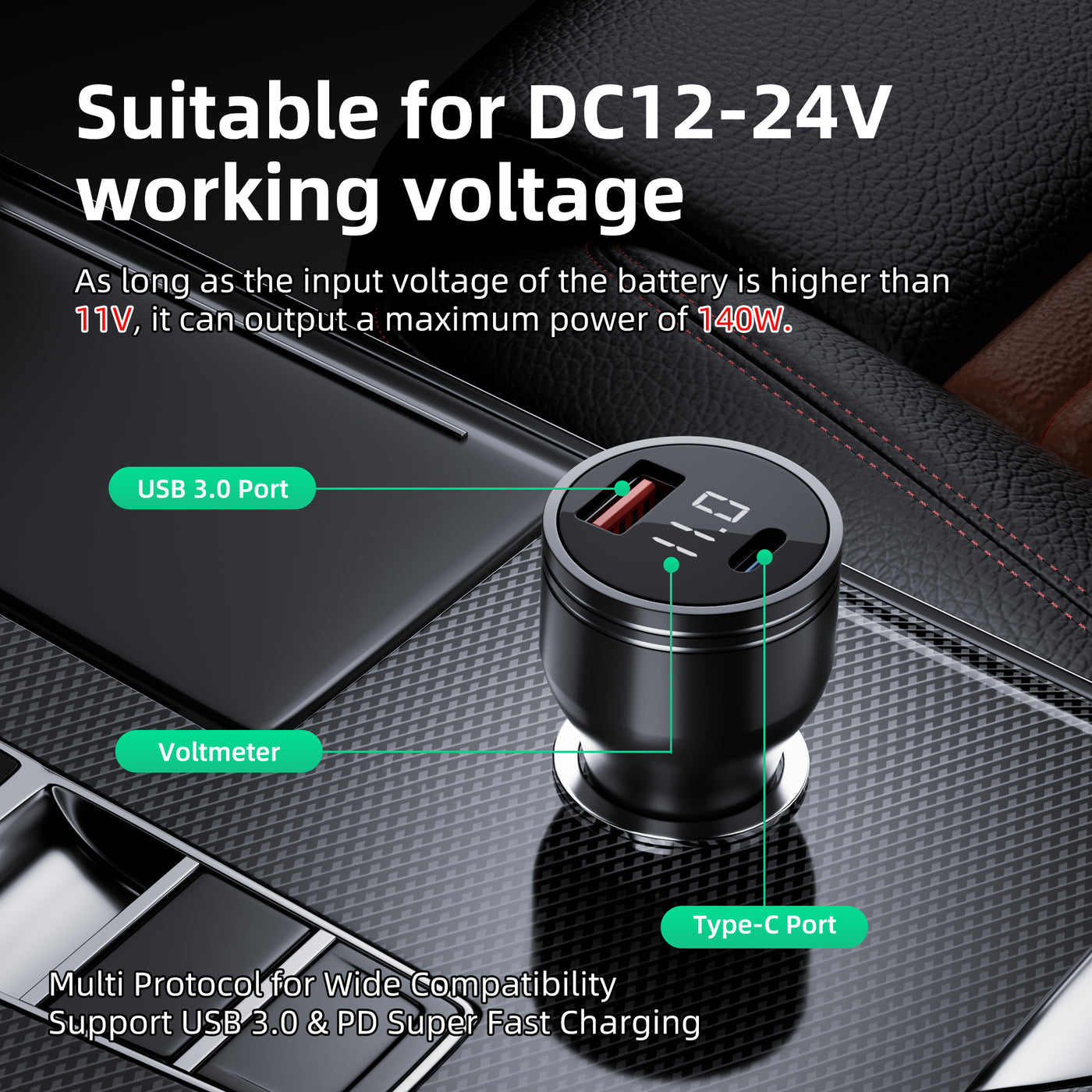 Starlink Mini 140W Car Charger & Cable | Dual Port 12V-24V PD Adapter with Voltmeter + 16.4ft USB-C to DC Cord