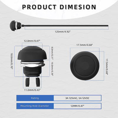 PBS-33B+12.5CM20AWG SPST Momentary Push Button Switch Dimension