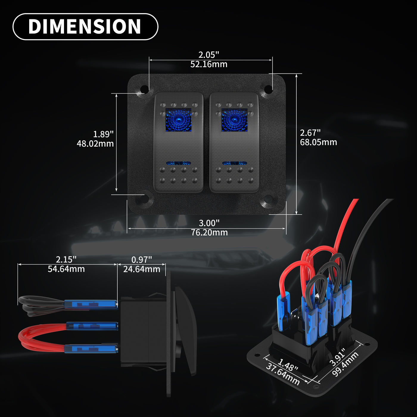 Pre-wired 2 Gang Rocker Switch Panel With Dual LED - DAIER