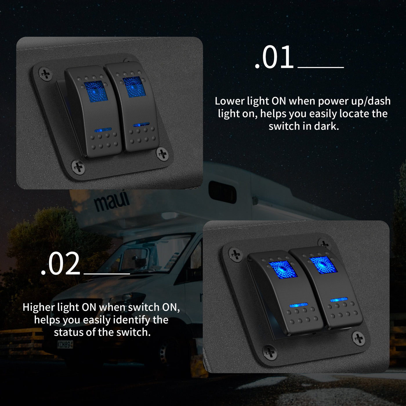 Pre-wired 2 Gang Rocker Switch Panel With Dual LED – DAIER