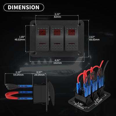 PN-1813-R Red Lighted 3 Gang Boat Switch Panel Dimension