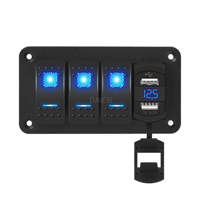 3 Gang Marine Switch Panel With 5V 4.2A USB Charger Voltmeter Display - DAIER
