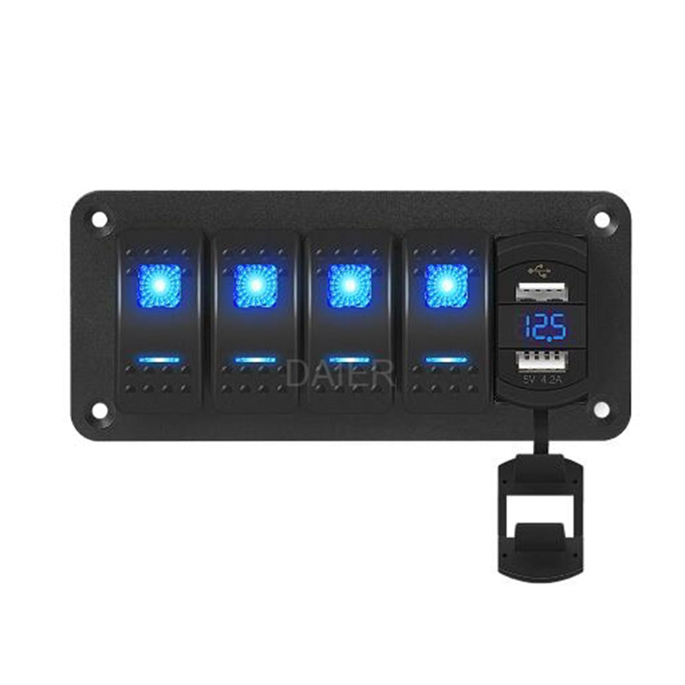4 Gang Toggle Switch Panel With Voltmeter Display USB Charger
