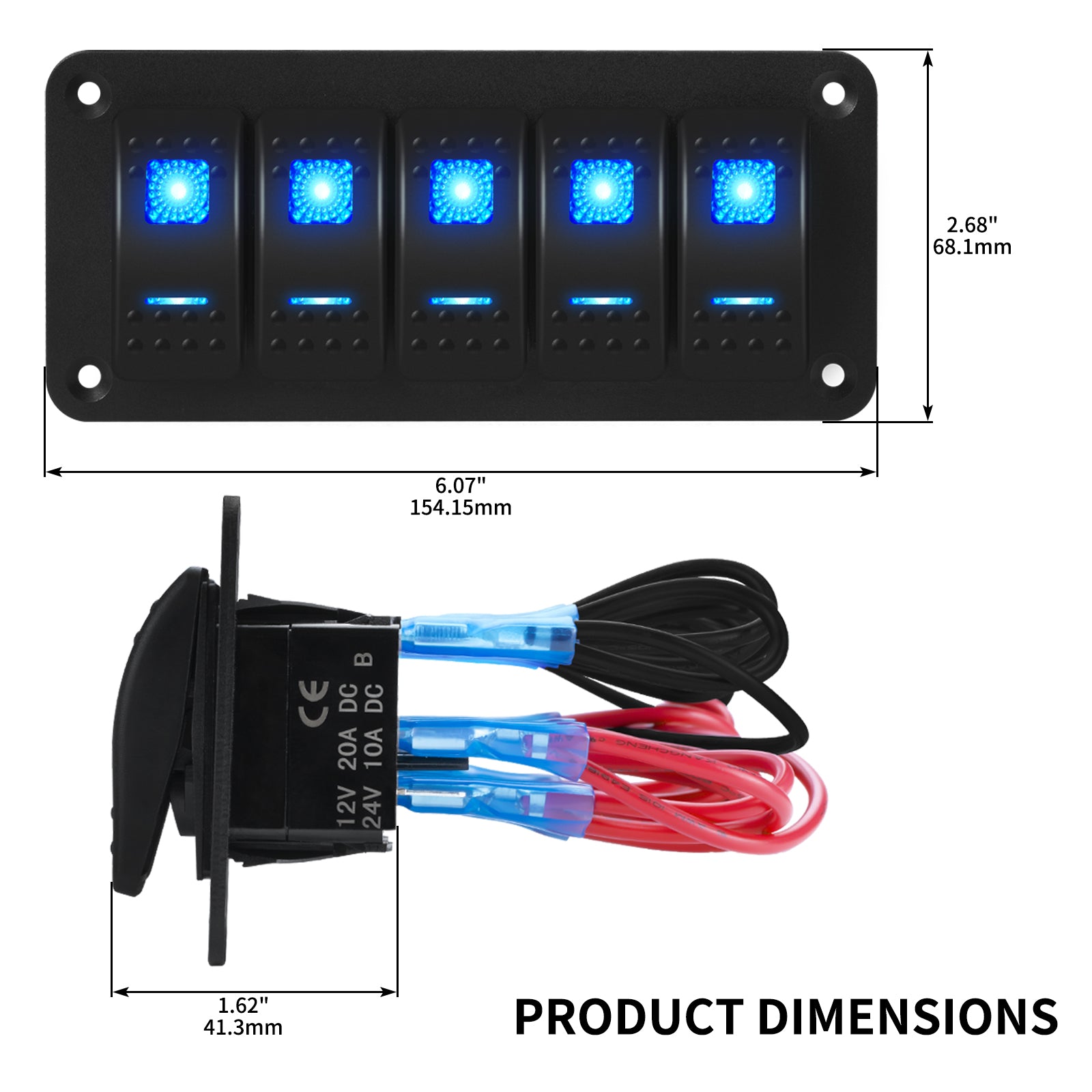 Sealed Pre-wired Dual LED 5 Gang Marine Rocker Switch Panel β DAIER