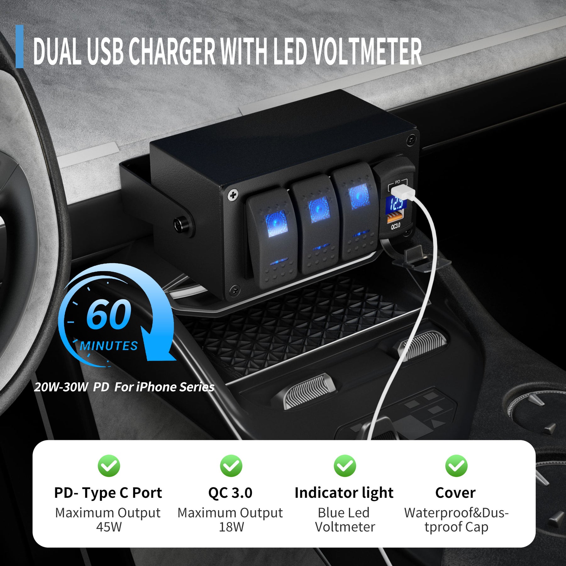 3 Gang Rocker Switch Box w/ Dual USB Charger (PD & QC 3.0) & Voltmeter ...