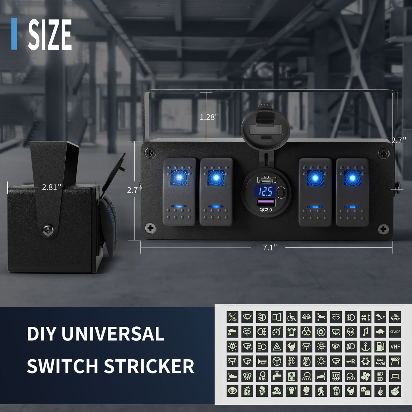 4 Gang Rocker Switch Box with Dual USB Charger (PD & QC 3.0) & Voltmeter