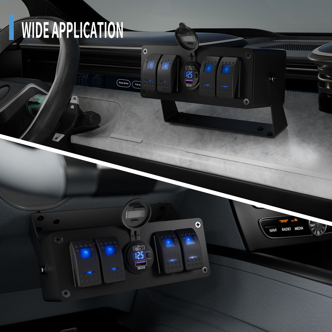 4 Gang Rocker Switch Box with Dual USB Charger (PD & QC 3.0) & Voltmet ...