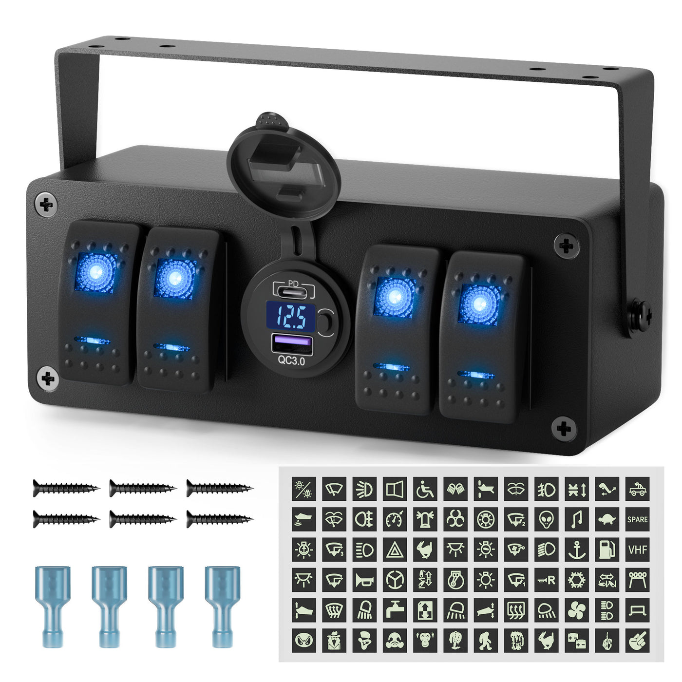 4 Gang Rocker Switch Box with Dual USB Charger (PD & QC 3.0) & Voltmeter
