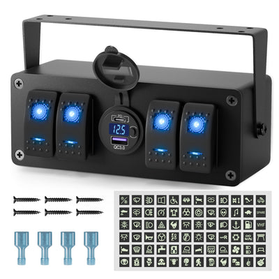 4 Gang Rocker Switch Box with Dual USB Charger (PD & QC 3.0) & Voltmeter