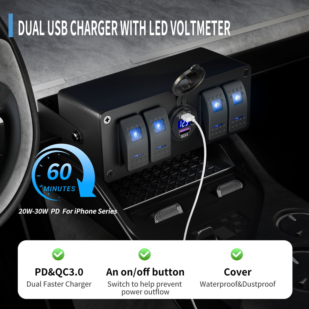 Fydun Pannello Interruttori A Levetta 4 Gang Con Doppia USB E Voltmetro – 12-24V Per Auto, Camper, Barca