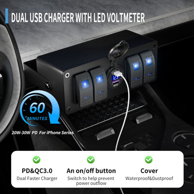 4 Gang Rocker Switch Box with Dual USB Charger (PD & QC 3.0) & Voltmeter