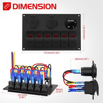 PN-L6S3-2-R 6 Gang Rocker Switch Panel Dimension