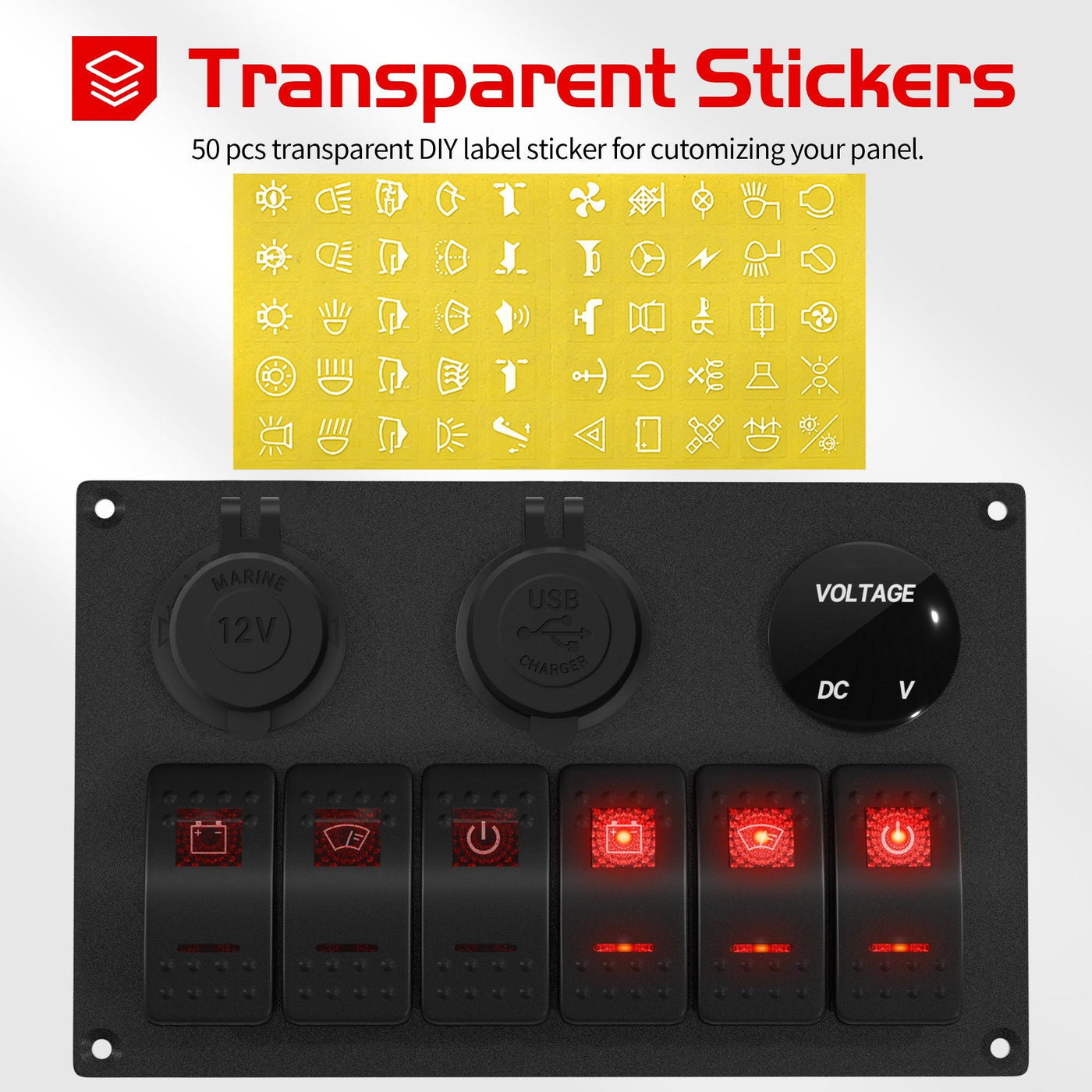 PN-L6S3-2-R 6 Gang Rocker Switch Panel with Transparent Stickers