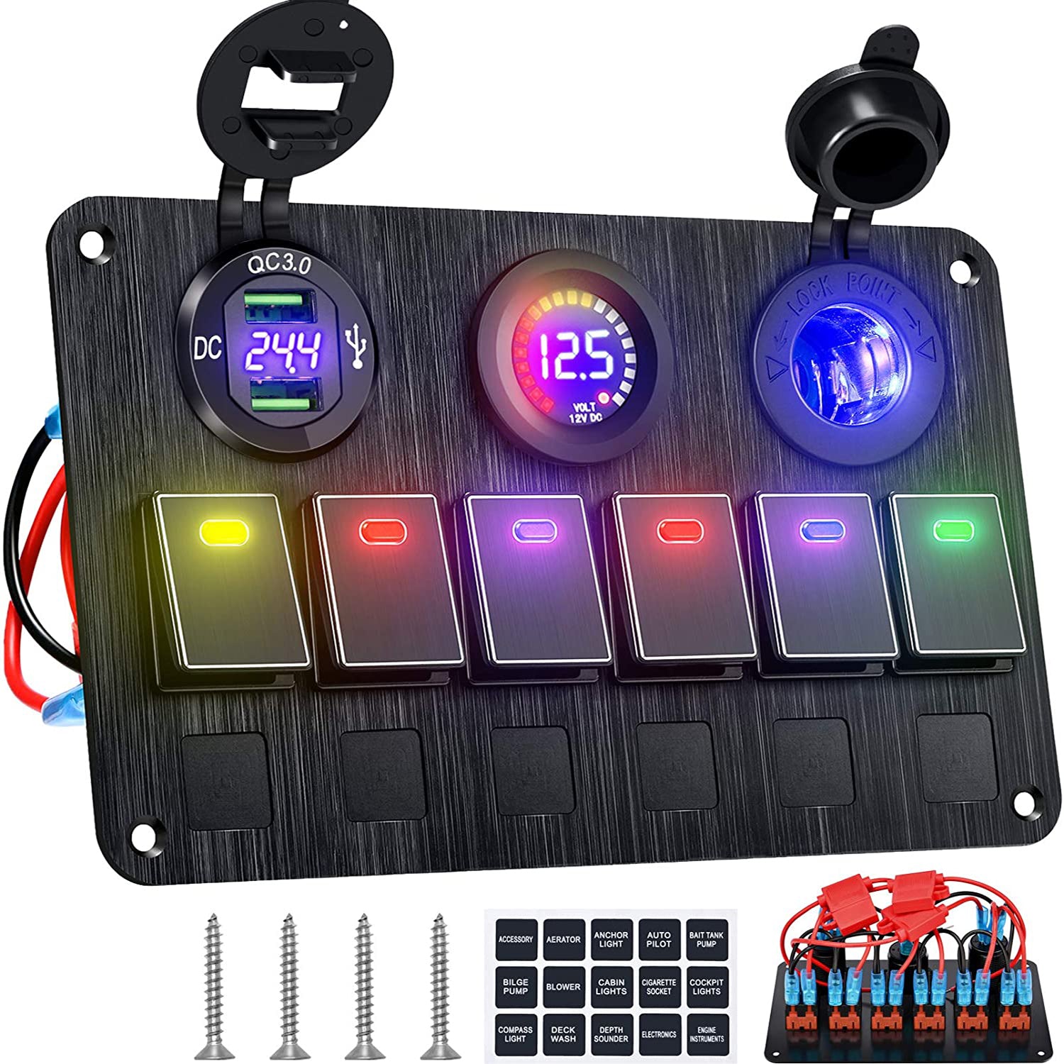 Pre-wired 12-24VDC Multi-colour 6 Gang Marine Aluminum Rocker Switch P ...
