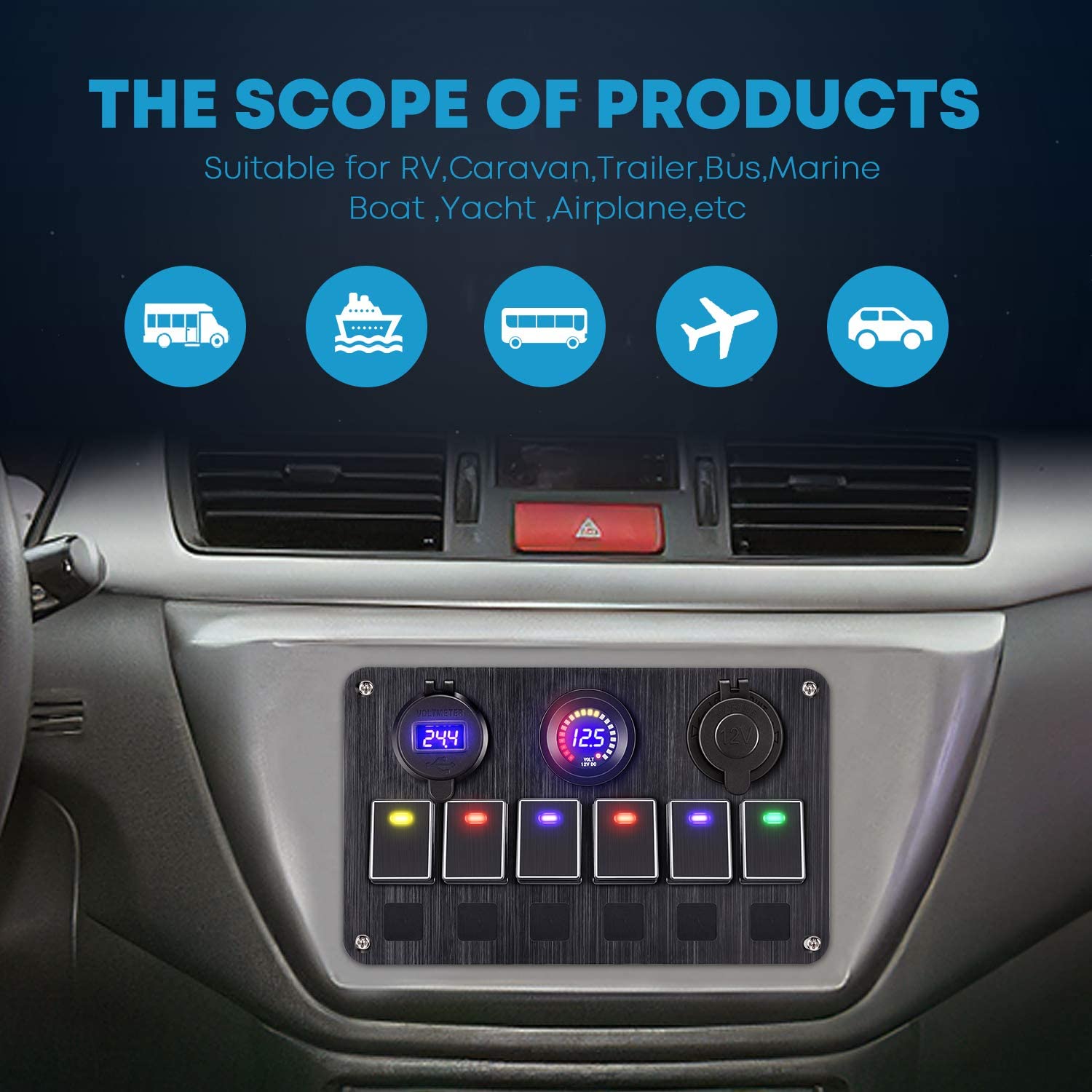 Pre-wired 12-24VDC Multi-colour 6 Gang Marine Aluminum Rocker Switch P ...