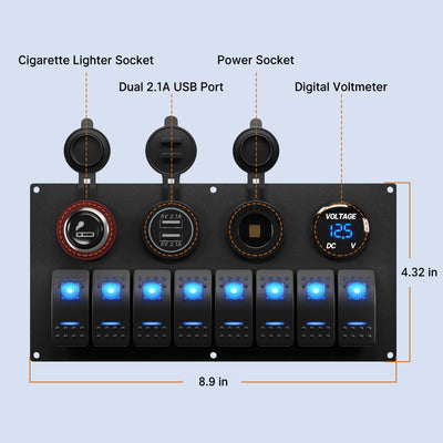 PN-L8S4-1 12-24V Blue LED 8 Gang Rocker Switch Panel Dimension