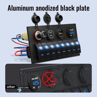 PN-L8S4-1 Aluminum Anodized Black Plate 8 Gang Rocker Switch Panel