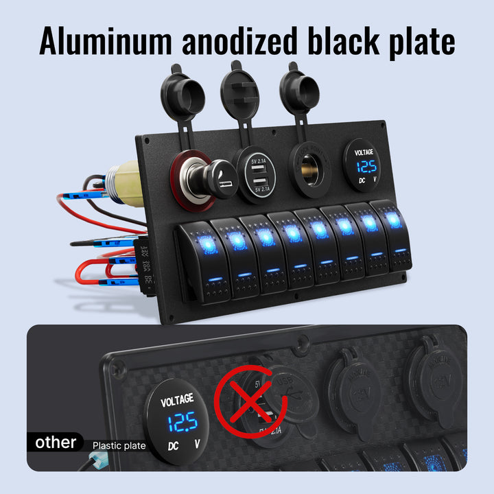 Pannello Interruttori A Bilanciere 5 Gang Con Voltmetro LED E Doppia USB - 12V-24V Per Camper, Camion, Barca, Auto
