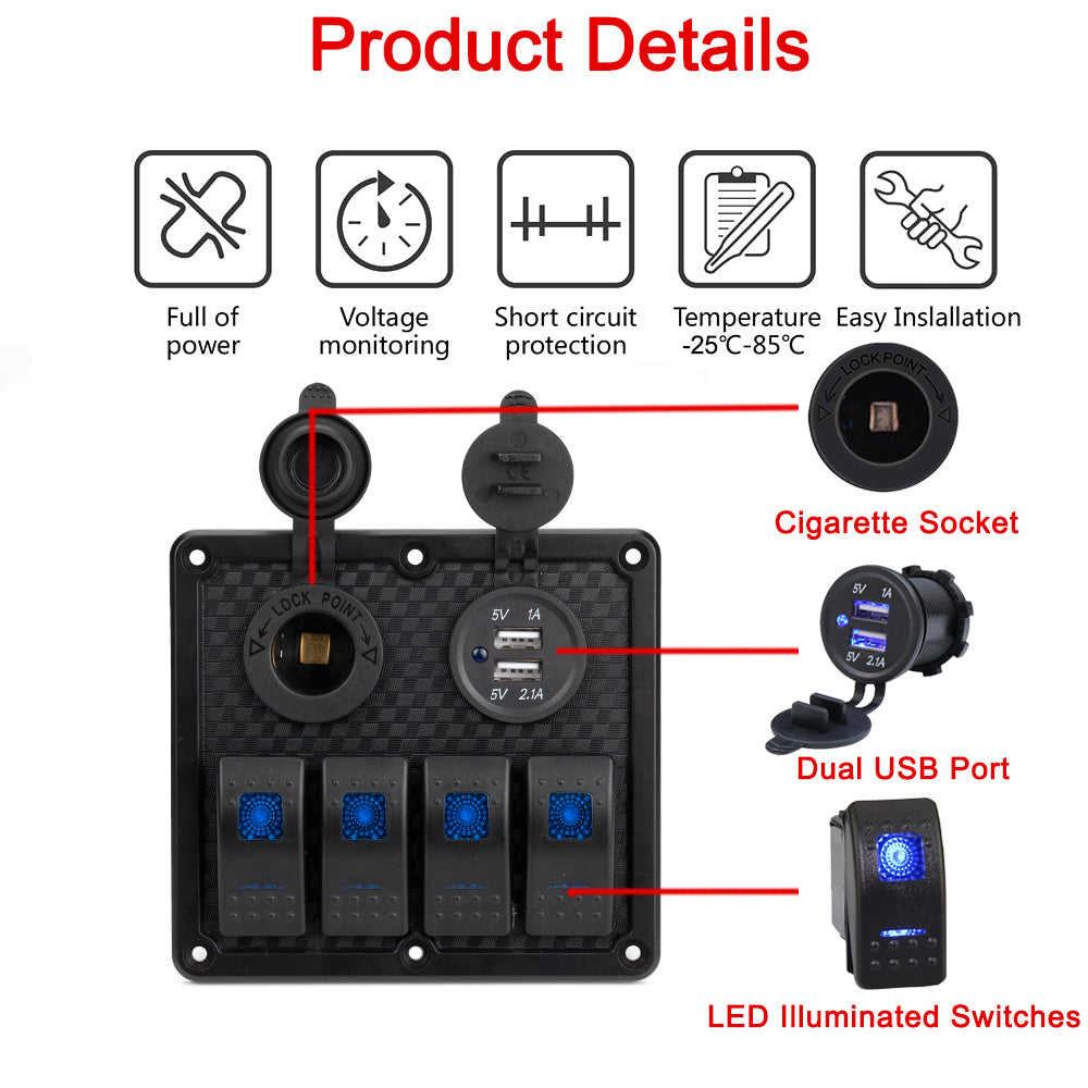 Switch Rocker Fuse 12V Waterproof 4 Gang Rocker Switch Panel with Fuses – DAIER