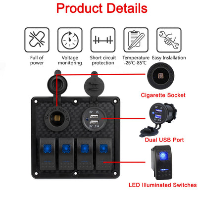 12V Waterproof 4 Gang Rocker Switch Panel with Fuses - DAIER