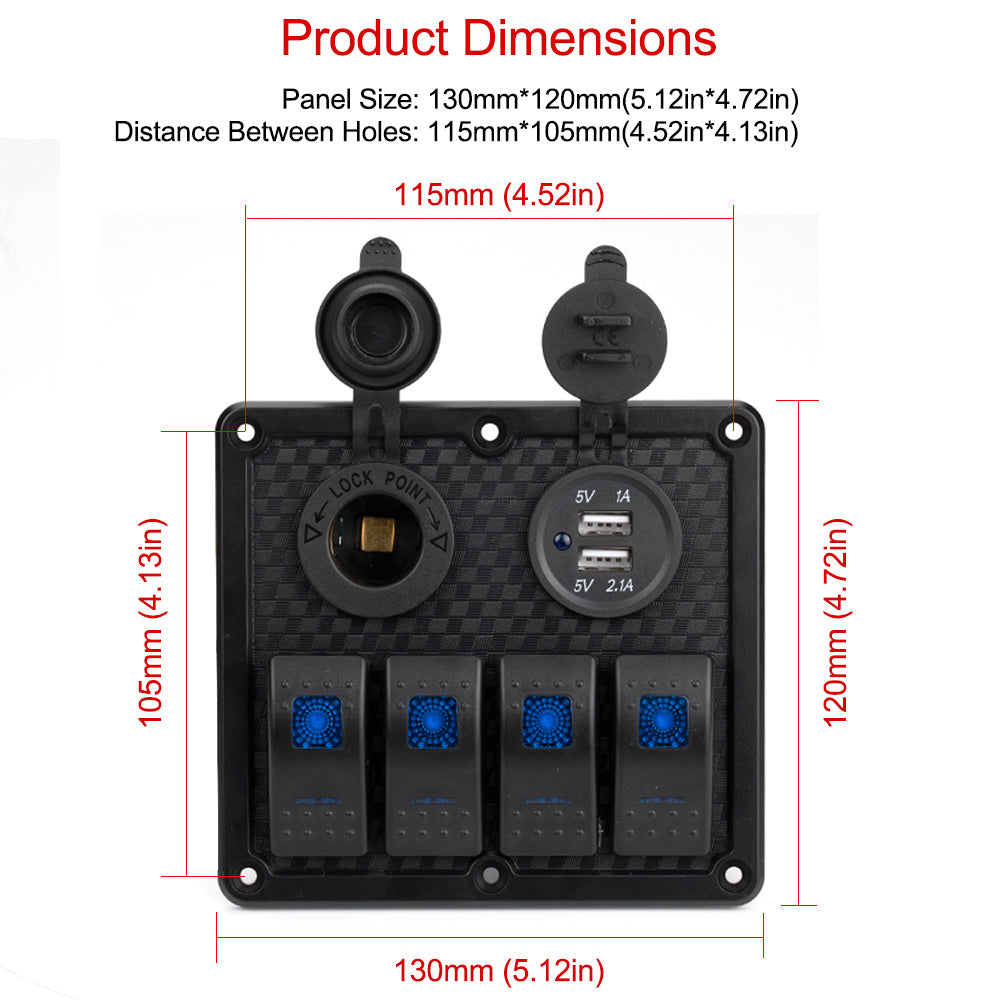 12V Waterproof 4 Gang Rocker Switch Panel with Fuses - DAIER