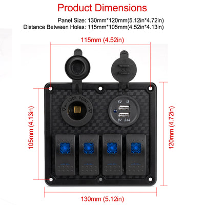 12V Waterproof 4 Gang Rocker Switch Panel with Fuses - DAIER