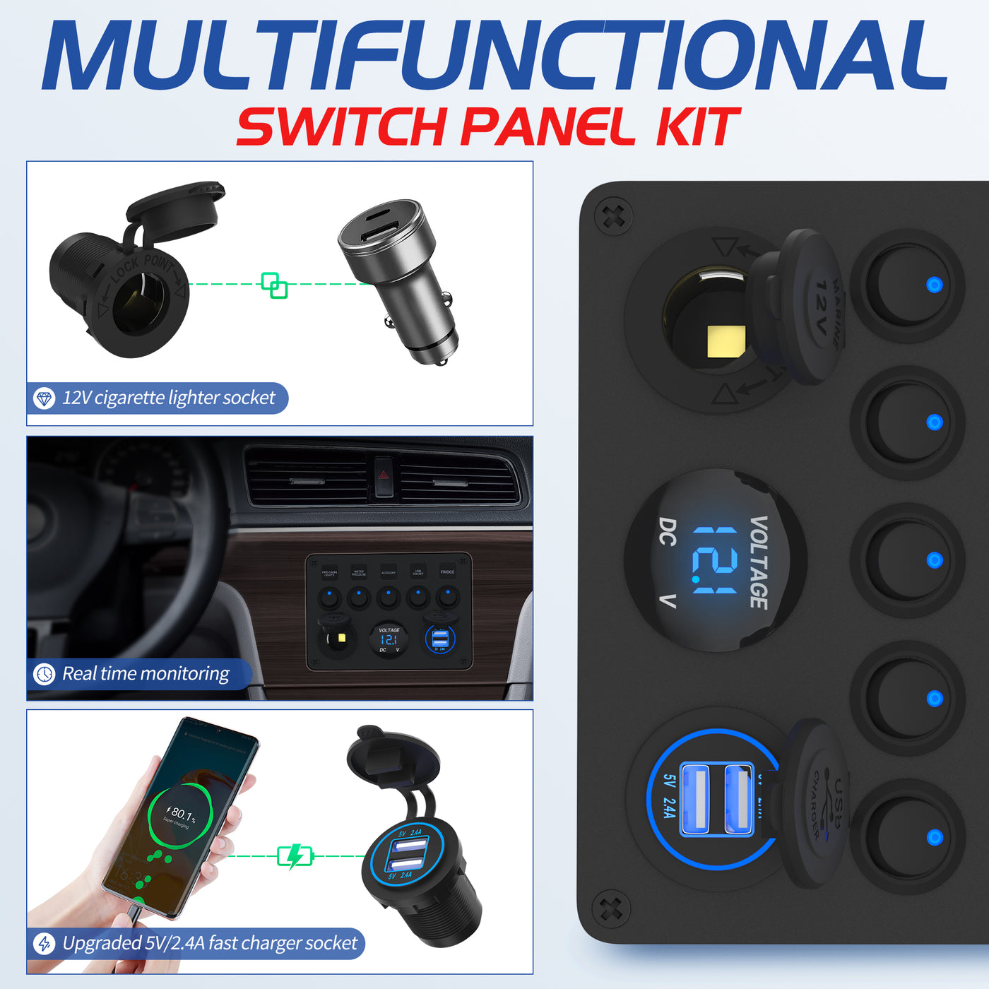 Multi-Function 5 Gang Round Rocker Switch Panel with Dot Light - DAIER