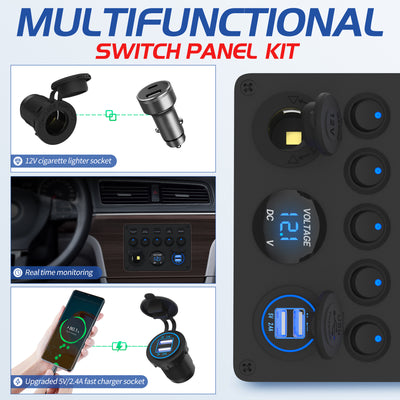 Multi-Function 5 Gang Round Rocker Switch Panel with Dot Light