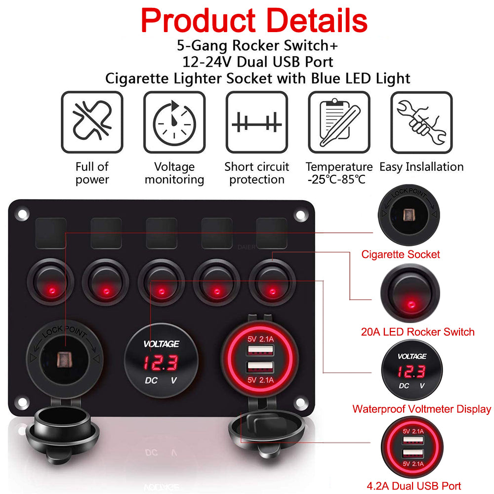 Multi-Function 5 Gang Rocker Switch Panel with Dual USB Charger - DAIER