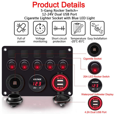 Multi-Function 5 Gang Rocker Switch Panel with Dual USB Charger - DAIER