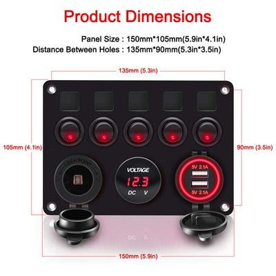 Multi-Function 5 Gang Rocker Switch Panel with Dual USB Charger - DAIER