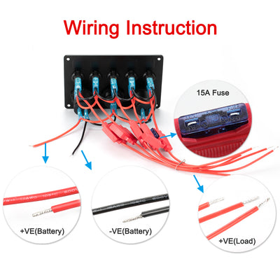 Multi-Function 5 Gang Rocker Switch Panel with Dual USB Charger - DAIER