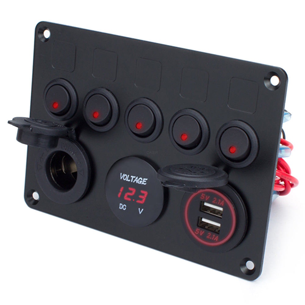 Multi-Function 5 Gang Rocker Switch Panel with Dual USB Charger - DAIER